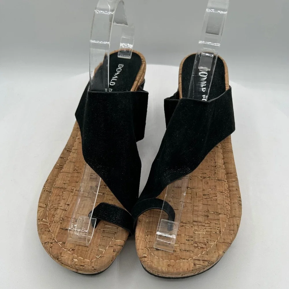Donald Pliner Gyer Black Leather Cork Wedge Toe Loop Sandals Size 9.5 NEW